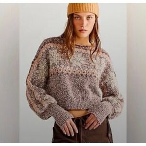 Free People Cropped Marled Brown Peach Balloon Sleeve Sweater